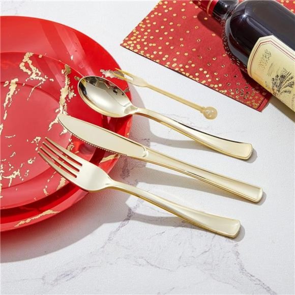 Red Gold Plastic Plates Set, Disposable Dinnerware Set Include 25 Dinner Plates - Picture 7 of 8